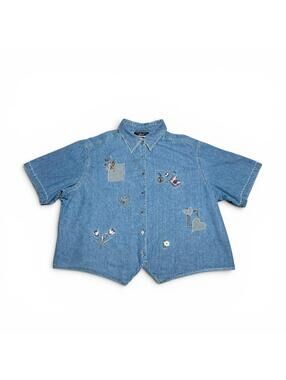 Vintage Embroidered Denim Short Sleeve Button-Up Shirt